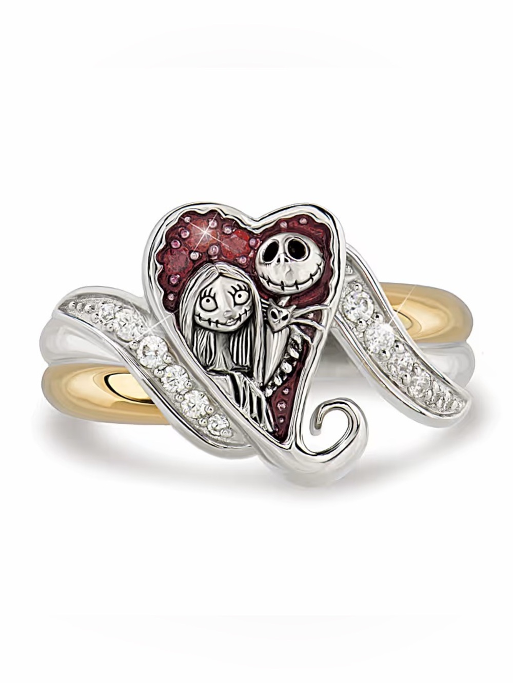 The Nightmare before Christmas Jack & Sally Sterling silver crystal ring size 7